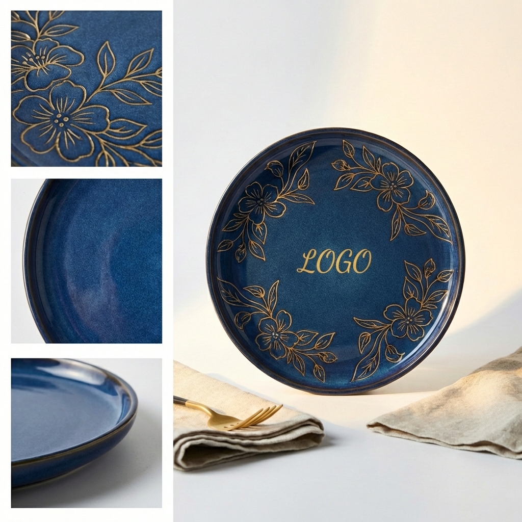 9-Inch Deep Blue Glazed Porcelain Round Dinner Plate with Floral Accents