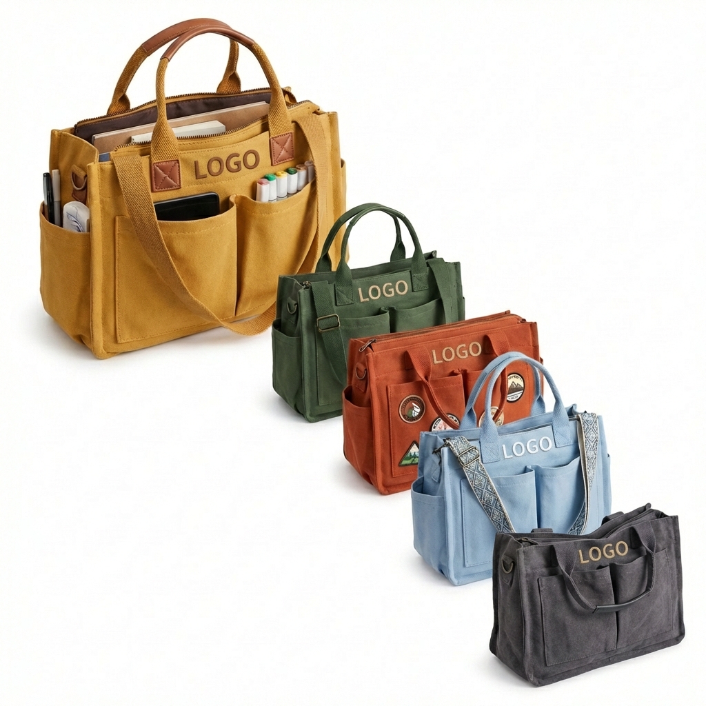 Multi-Pocket Canvas Utility Laptop Tote Bag with Shoulder Strap