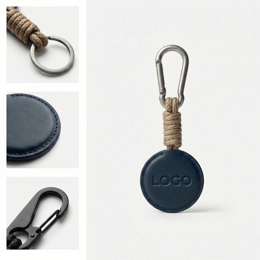 Rugged Braided Cord Keychain with Circular Leather-Style Fob and Metal Carabiner