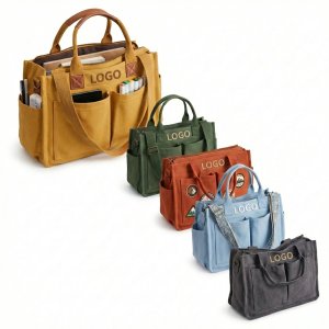 Multi-Pocket Canvas Utility Laptop Tote Bag with Shoulder Strap