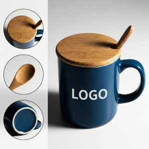 15 oz Ceramic Mug Set with Bamboo Lid and Spoon