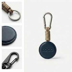 Rugged Braided Cord Keychain with Circular Leather-Style Fob and Metal Carabiner
